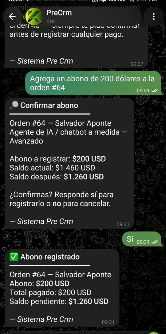 Conversación real con el asistente de IA de Kovia por Telegram: registrar un abono confirmando antes de guardar